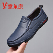 意爾康男鞋春夏季一腳蹬休閑皮鞋男士透氣軟底防滑豆豆爸爸鞋 LR72F9藍色 38 標準皮鞋碼數