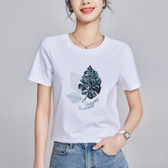 修嫻（soossn）2025夏裝新款珠片葉子刺繡短袖T恤女絲光棉t寬松顯瘦圓領(lǐng)體恤衫 白色 M