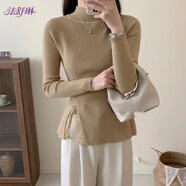法舒琳側(cè)開(kāi)叉蕾絲拼接長(zhǎng)袖半高領(lǐng)針織衫女收腰顯瘦設(shè)計(jì)感打底軟糯毛衣女 奶茶色 S 【建議80-90斤】