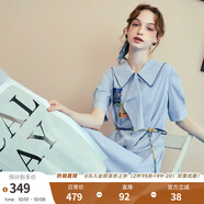兩三事梵高文藝 美學(xué)漣漪 2025夏季新款印花貼布繡綁帶翻領(lǐng)連衣裙 藍色 S
