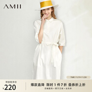 AMII女裝2025夏季新款通勤半開(kāi)襟中袖配腰帶法式連衣裙襯衫裙 米白 S 155/80A