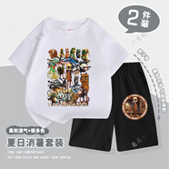 喬庭tungtungsahur通通哥木棍人抽象國外山海經(jīng)短袖衣服男童兩件套潮 白色短袖+黑色短褲 純棉 130