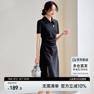尚都比拉夏季通勤Polo裙短袖針織連衣裙女開叉A字裙 黑色142L54627  XL
