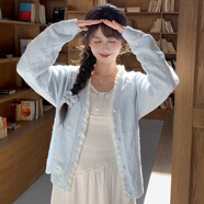 森女部落早秋甜美藍色毛衣V領(lǐng)針織衫女2025新款百搭寬松長袖上衣 藍色針織衫 S 模特碼