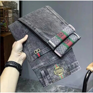 菲尼東爵國潮中國刺繡牛仔褲男修身小直筒春秋款潮流休閑潮牌男士褲子 騎-黑灰色A802 32