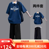 星宿搖（xingsuyao）短袖恤男生夏季休閑褲套裝薄款兩件套痞帥穿搭一套 T192短袖藏青+直筒褲[兩件] XL身高172左右體e 均碼