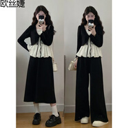 歐絲婕（OUSIJIE）大碼女裝胖mm新款假兩件蕾絲拼接上衣半裙褲子兩件時(shí)尚休閑套裝女 裙子套裝 4XL 【160-180斤】