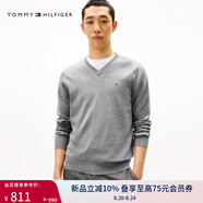 TOMMY HILFIGER【柔軟純棉】25秋冬男撞色條紋學(xué)院風(fēng)針織衫/情侶款純色毛衣 【純色V領(lǐng)】深灰色P7D XS （推薦：120斤以下）