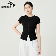 哥弟（GIRDEAR）女裝2025春夏新款前中小開叉短袖T恤女130031 黑 2XL (6碼)