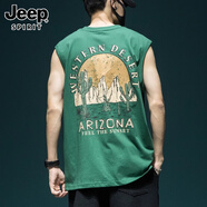 JEEP SPIRIT正品吉普高端短袖男美式印花背心男寬松大碼無袖t恤男運(yùn)動上衣男 3076草綠背心 M 碼  體重100-125斤