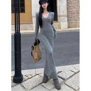 jane DeiuneV領(lǐng)麻花紋長(cháng)款毛衣裙子女秋冬氣質(zhì)打底內搭 灰色【衣服女_釣系約會(huì )裙_韓系氛圍感穿搭_超好看_ 2XL