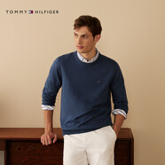 TOMMY HILFIGER【柔軟純棉】25秋冬男撞色條紋學(xué)院風(fēng)針織衫/情侶款純色毛衣 【簡約合身毛衣】深藍色DB5 XS （推薦：120斤以下）