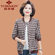 俞兆林（YUZHAOLIN）媽媽秋裝格子短款外套時(shí)尚新款中老年女春秋季薄款休閑夾克上衣服 紅格 XL (參考90-105斤)