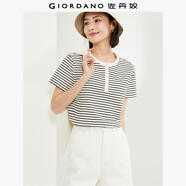 佐丹奴女裝純棉針織撞色條紋亨利領(lǐng)短袖T恤13324253 11杏/黑 S