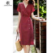 clotho Rennie品牌女裝法式復古波點(diǎn)連衣裙女2025夏季新款氣質(zhì)收腰顯瘦V領(lǐng)A字裙 紅色 M