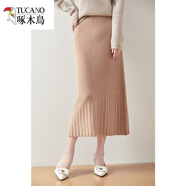 啄木鳥(niǎo)（TUCANO）2025新款100純羊.毛半身裙女純色百搭裙子高腰顯瘦針織羊絨打底裙 卡其色 M