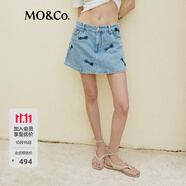 MO&Co.蝴蝶結(jié)洗水印花土耳其棉牛仔裙褲短褲美式復古褲子女摩安珂 牛仔藍色-第2批 M 27