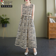 啄木鳥(niǎo)苧麻背心長(cháng)裙系帶收腰條紋無(wú)袖棉麻吊帶連衣裙 條紋 【高質(zhì)量版】 L 【建議105-125斤】
