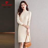 皮爾卡丹（pierre cardin）2024年冬季新款時尚韓版半高領(lǐng)中長款開叉純色女士毛衣套頭連衣裙 米白色 XL