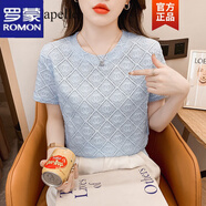 羅蒙短袖T恤女2023年夏季新款韓版時(shí)尚蕾絲氣質(zhì)顯瘦雪紡短款圓領(lǐng)上衣 藍色 M