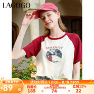 lagogo卡通印花撞色T恤女拉谷谷春季新款純棉透氣插肩短袖上衣 米紅(TH) M