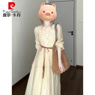 皮爾卡丹（pierre cardin）法式花邊領黃色長袖連衣裙女2025年新款日系少女穿搭絕美收腰長裙 淺米黃+腰帶【版】 S