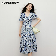 紅袖（hopeshow）藍色碎花連衣裙2025夏新款女裝【晨霧花園】泡泡袖V領(lǐng)茶歇裙 藏青花614(預(yù)售15天內(nèi)發(fā)) L