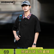 viishow翻領(lǐng)復(fù)古運動休閑格子翻領(lǐng)POLO衫男短袖夏季美式寬松情侶T恤潮 黑色/紅格 M
