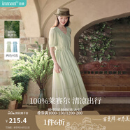 茵曼（INMAN）法式薄荷曼波連衣裙2024夏女裝新品V領(lǐng)燈籠袖抽繩 水沫綠 XL