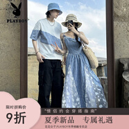 花花公子（PLAYBOY）2025夏季情侶裝格子拼接短袖T恤海邊穿搭一裙一衣小眾 男T恤 XL