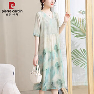 皮爾卡丹（pierre cardin）媽媽夏裝連衣裙時(shí)尚洋氣2025新款氣質(zhì)短袖裙子大碼長(cháng)裙中老年女裝 綠色 3XL （115-130斤）
