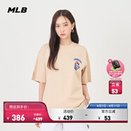 MLB官方情侶皺眉熊圓領短袖卡通俏皮運動T恤TSE02 克利夫蘭印地安人隊/淺米色 XL
