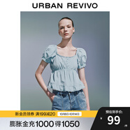 UR2025夏季新款女裝拼接蕾絲打攬設計短袖罩衫襯衫UYY250032 淡藍 (面料微透) S