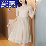 羅蒙（ROMON）超仙輕松穿出女神范重磅桑蠶絲法式刺繡寬松氣質(zhì)真絲連衣裙女 杏底亮金 2XL