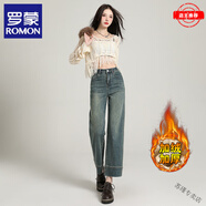羅蒙（ROMON）加絨超顯瘦煙管牛仔褲女秋冬高腰寬松遮胯小個(gè)子深藍色法棍直筒褲 懷舊藍【加/絨】 L 推薦體重112-125斤