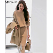 Mrdiane wei休閑套裝裙女針織衫春秋長(cháng)袖毛衣打底衫半身裙子兩件套卡其均碼