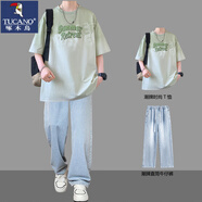啄木鳥（TUCANO）短袖t恤男士2025夏季半袖體恤男學(xué)生潮牌青少年痞帥氣搭配一套裝 軍綠色+牛仔褲 薄款 XL