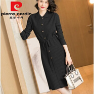 皮爾卡丹（pierre cardin）2025春秋減齡娃娃領(lǐng)收腰系帶中長(zhǎng)款女純色條紋寬松針織連衣裙潮 黑色今年流行的輕奢品牌 2XL