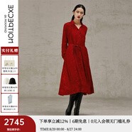 例外（EXCEPTION）新中式春秋款系帶浮雕提花設計寬松氣質長袖連衣裙 大紅1/55 M