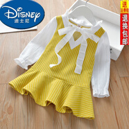 迪士尼（Disney）女童長袖拼接裙新款女寶寶中小童裝秋季娃娃領豎條紋春秋款公主裙 黃色 按身高拍大一碼 90 偏小1.5碼