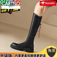 卡帝樂(lè)鱷魚(yú)（CARTELO）巨顯瘦不挑腿型 V口真皮厚底后系帶長(zhǎng)筒靴子女2024秋冬加絨騎士靴 黑色(升級(jí)款) 38 標(biāo)準(zhǔn)尺碼
