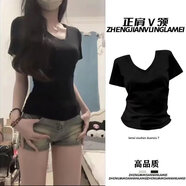 苜戈棉料美式V領(lǐng)正肩短袖夏季T恤2025新款修身顯瘦辣妹粉絲上衣 黑色 XL 建議115-130斤