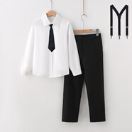 鐳鐳鴨學(xué)生校服春秋夏秋款兒童表演服套裝白色長袖襯衫幼兒園演出服禮服 白長袖+長褲+背帶+黑領(lǐng)帶 150 cm