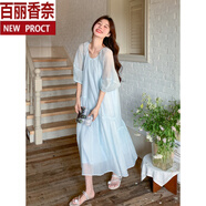 百麗香奈（BAILIXIANGNAI）藍(lán)色超仙甜美寬松長裙夏季2025新款溫柔風(fēng)文藝范雪紡氣質(zhì)連衣裙女 淺藍(lán)色 S