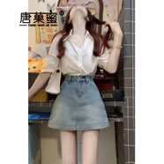 唐菓蜜連衣裙女夏季2025新款女裝韓版時(shí)尚百搭氣質(zhì)小個(gè)子顯瘦通勤套裝裙 白色上衣+牛仔裙子 M