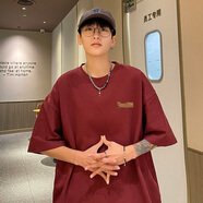 VUUG美式簡約白色t恤男夏季2024新款潮牌棉短袖寬松ins潮流重磅體恤 酒紅 M