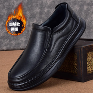 西域駱駝秋冬男士皮鞋牛皮商務(wù)休閑圓頭套腳軟底厚底男鞋一腳蹬爸爸鞋舒適 黑色冬季加絨款 38