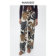 MANGO女裝褲子2025秋裝新款中腰旅游抽象印花休閑長(cháng)款闊腿褲 淡米色 XL