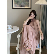 GOYN溫柔風(fēng)網(wǎng)紗花朵挖肩掛脖連衣裙女夏季2024新款粉色寬松a字長(cháng)裙子 藕粉色 S