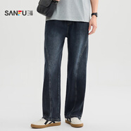 三福（SANFU） 2025夏季男士薄裂設(shè)計(jì)牛仔褲合身直筒褲501464 藍(lán)灰 3XL